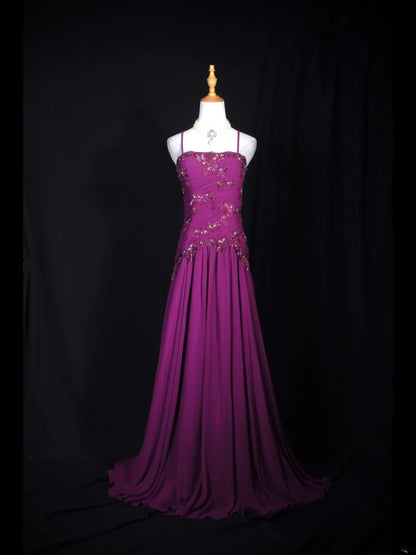 Vintage A line 70s Spaghetti Straps Grape Chiffon With Beads Long Prom Dresses Inspo 20th Birthday Outfit Formal Gowns AS306