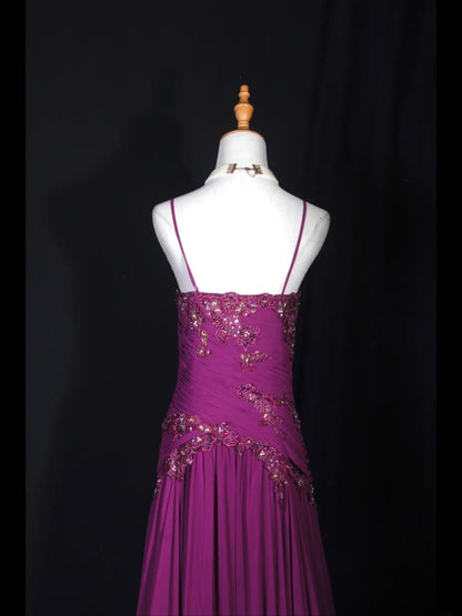 Vintage A line 70s Spaghetti Straps Grape Chiffon With Beads Long Prom Dresses Inspo 20th Birthday Outfit Formal Gowns AS306