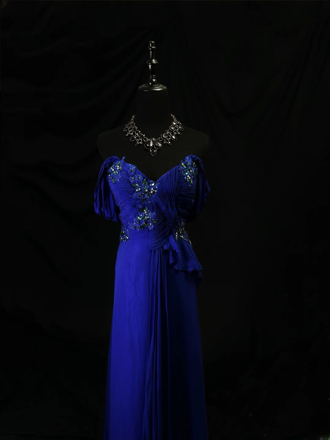 Modest Prom Dresses A line Off The Shoulder Royal Blue Chiffon With Beading Long Night Evening Formal Outfits RB6146
