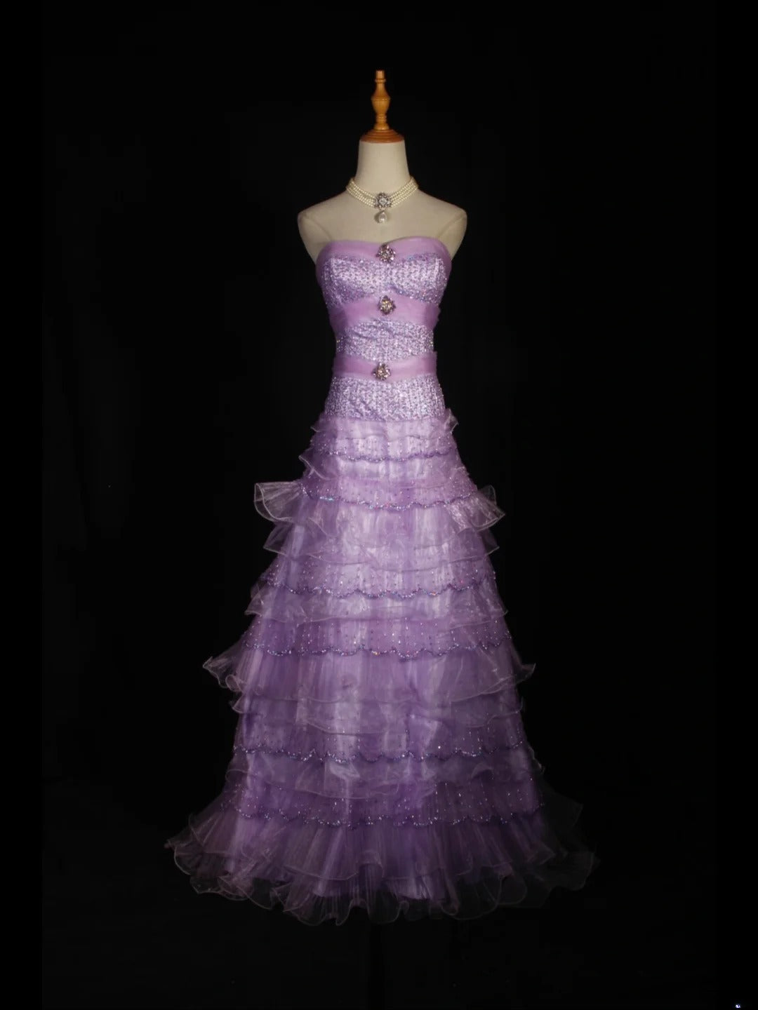 Robe de bal vintage années 70, bustier cœur lilas orné de perles, longue robe plissée, tenue idéale pour un 21e anniversaire, référence AS310