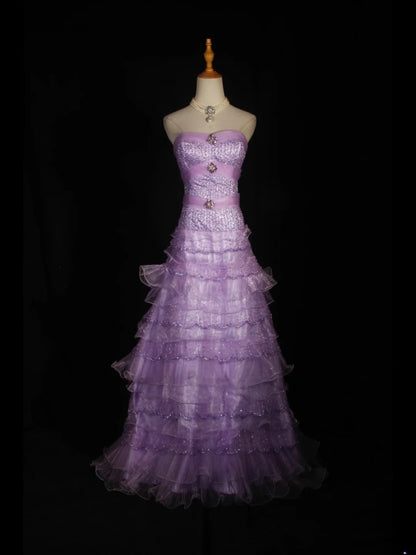 Robe de bal vintage années 70, bustier cœur lilas orné de perles, longue robe plissée, tenue idéale pour un 21e anniversaire, référence AS310