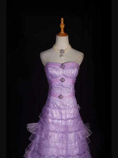 Robe de bal vintage années 70, bustier cœur lilas orné de perles, longue robe plissée, tenue idéale pour un 21e anniversaire, référence AS310