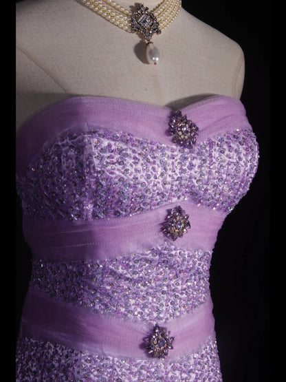 Robe de bal vintage années 70, bustier cœur lilas orné de perles, longue robe plissée, tenue idéale pour un 21e anniversaire, référence AS310