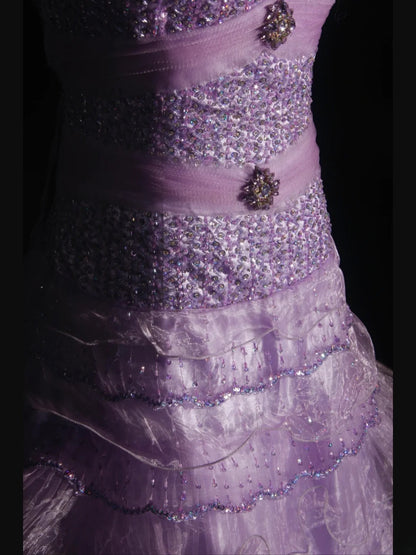 Robe de bal vintage années 70, bustier cœur lilas orné de perles, longue robe plissée, tenue idéale pour un 21e anniversaire, référence AS310
