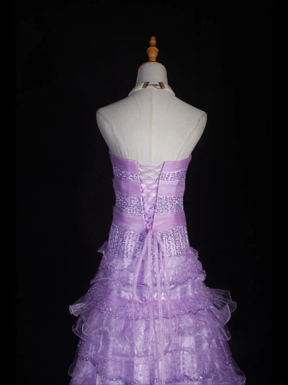 Robe de bal vintage années 70, bustier cœur lilas orné de perles, longue robe plissée, tenue idéale pour un 21e anniversaire, référence AS310