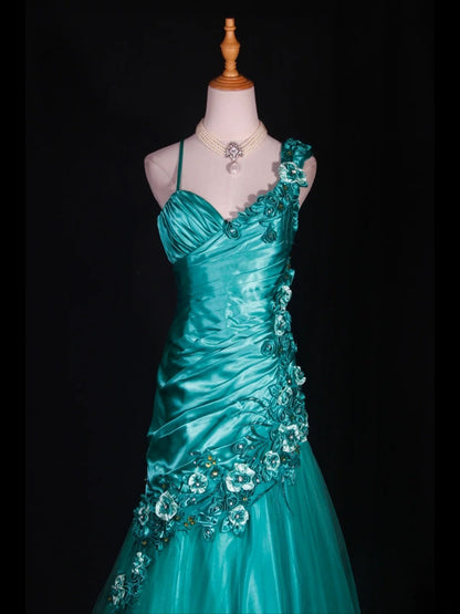 Robe de bal longue vintage sirène années 90, bretelles spaghetti, satin bleu à fleurs et perles, inspiration pour une tenue de 20e anniversaire, robe de soirée AS312