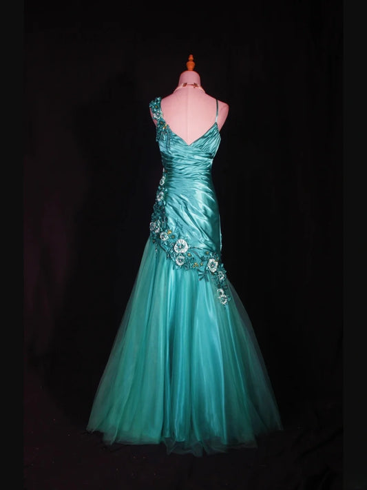 Robe de bal longue vintage sirène années 90, bretelles spaghetti, satin bleu à fleurs et perles, inspiration pour une tenue de 20e anniversaire, robe de soirée AS312