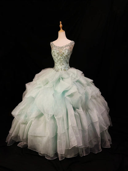 Pretty Ball Gown Scoop Mint Green Tulle Prom Dresses Long 15 Quinceanera Dresses Photo Ideas Formal Outfit RB6151