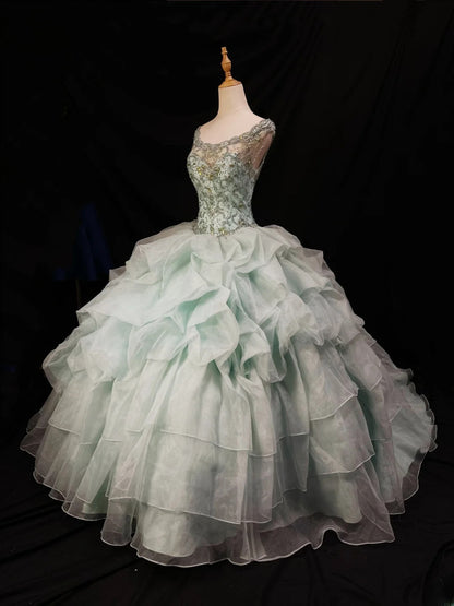 Pretty Ball Gown Scoop Mint Green Tulle Prom Dresses Long 15 Quinceanera Dresses Photo Ideas Formal Outfit RB6151