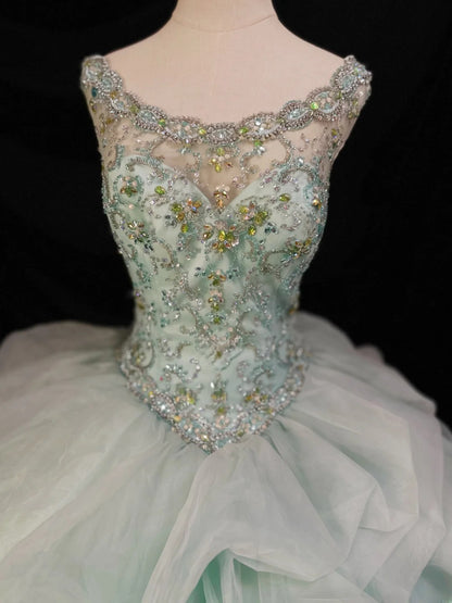 Pretty Ball Gown Scoop Mint Green Tulle Prom Dresses Long 15 Quinceanera Dresses Photo Ideas Formal Outfit RB6151
