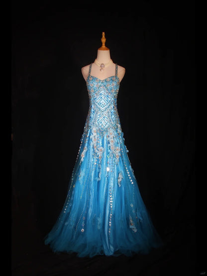 Vintage 70s Mermaid Spaghetti Straps Blue Silver Beaded Bodice Tulle Plus Size Long Prom Dresses Impress 21th Birthday Outfits Prom Gown AS315