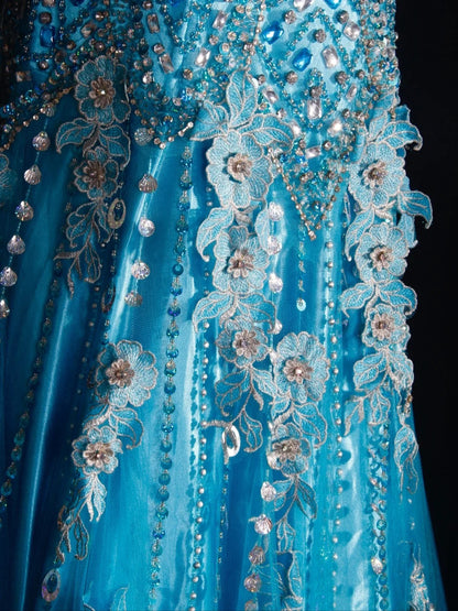 Vintage 70s Mermaid Spaghetti Straps Blue Silver Beaded Bodice Tulle Plus Size Long Prom Dresses Impress 21th Birthday Outfits Prom Gown AS315