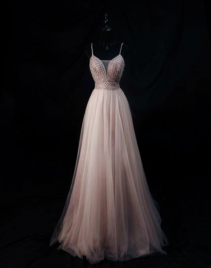 Vintage 80s Prom Dresses A line Spaghetti Strap Light Pink Tulle With Beading Party Gown Formal Outfits RB6152