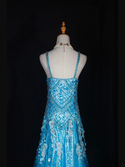 Vintage 70s Mermaid Spaghetti Straps Blue Silver Beaded Bodice Tulle Plus Size Long Prom Dresses Impress 21th Birthday Outfits Prom Gown AS315