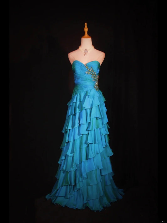 Retro 1950s A line Sweetheart Blue Chiffon With Beads Layered Long Prom Dresses Inspo 22th Birthday Outfit Formal Gown AS316