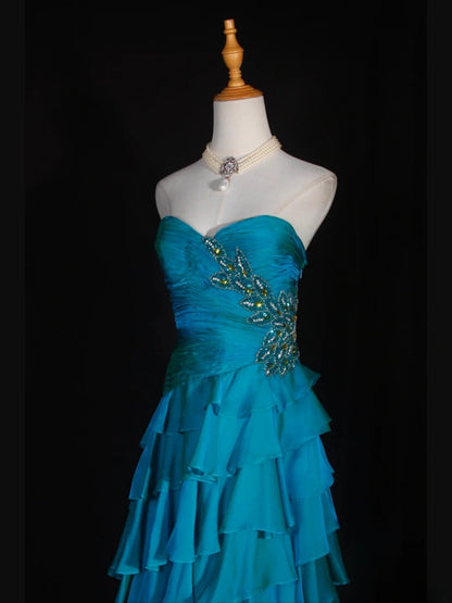 Retro-Abendkleid im Stil der 1950er Jahre: A-Linie, herzförmiger Ausschnitt, blauer Chiffon mit Perlen, mehrlagig, Inspiration für das Outfit zum 22. Geburtstag, formelles Abendkleid AS316