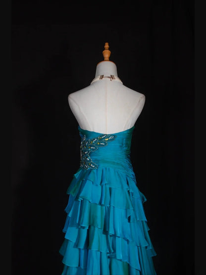 Retro-Abendkleid im Stil der 1950er Jahre: A-Linie, herzförmiger Ausschnitt, blauer Chiffon mit Perlen, mehrlagig, Inspiration für das Outfit zum 22. Geburtstag, formelles Abendkleid AS316