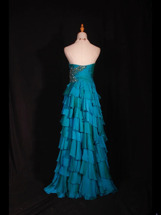 Retro 1950s A line Sweetheart Blue Chiffon With Beads Layered Long Prom Dresses Inspo 22th Birthday Outfit Formal Gown AS316