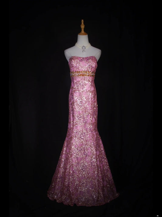 Robe de bal longue vintage sirène années 80, sans bretelles, rose à sequins et perles dorées - Inspiration tenue pour un 20e anniversaire - Robe de soirée AS317