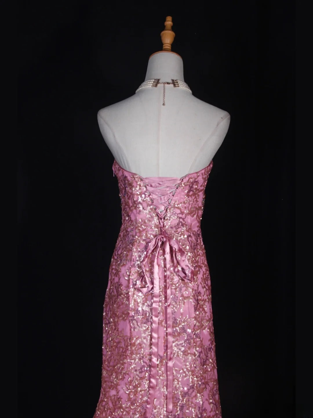 Vintage Mermaid 80s Strapless Pink Sequins With Gold Beads Long Prom Dresses Inspo 20th Birthday Outfit Formal Gowns AS317