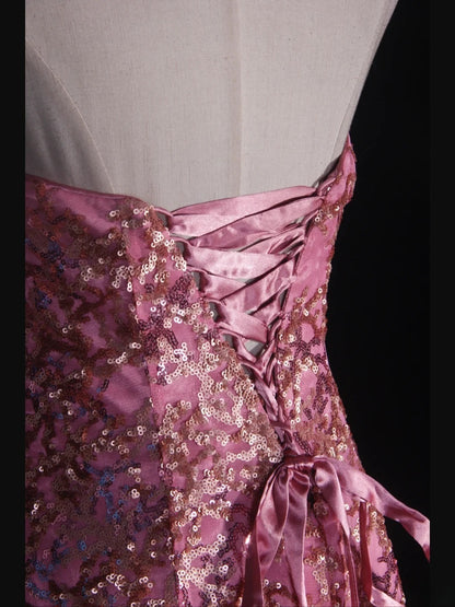 Vintage Mermaid 80s Strapless Pink Sequins With Gold Beads Long Prom Dresses Inspo 20th Birthday Outfit Formal Gowns AS317