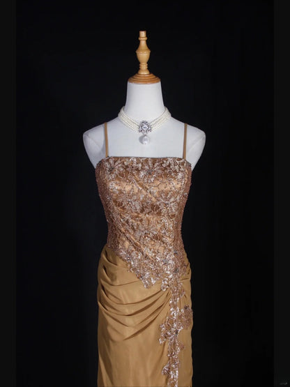 Vintage 70s Mermaid Spaghetti Straps Gold Lace Beaded Bodice Plus Size Long Prom Dresses Impress 21th Birthday Outfits Prom Gown AS318