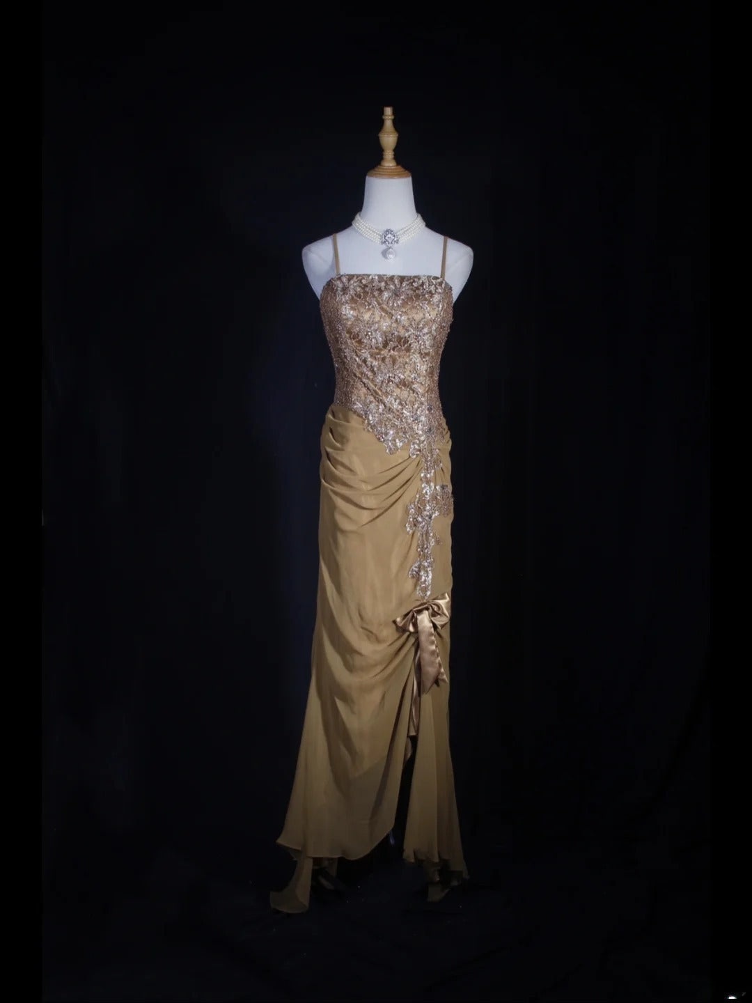 Vintage 70s Mermaid Spaghetti Straps Gold Lace Beaded Bodice Plus Size Long Prom Dresses Impress 21th Birthday Outfits Prom Gown AS318