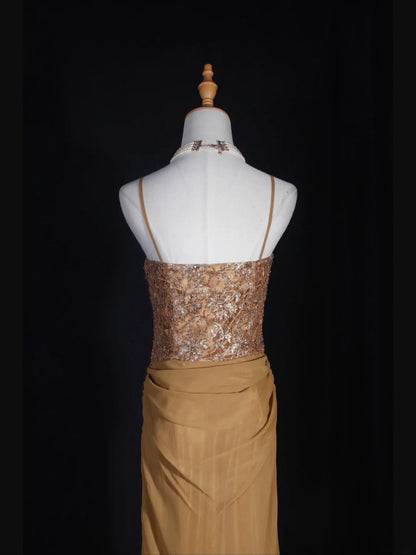 Vintage 70s Mermaid Spaghetti Straps Gold Lace Beaded Bodice Plus Size Long Prom Dresses Impress 21th Birthday Outfits Prom Gown AS318