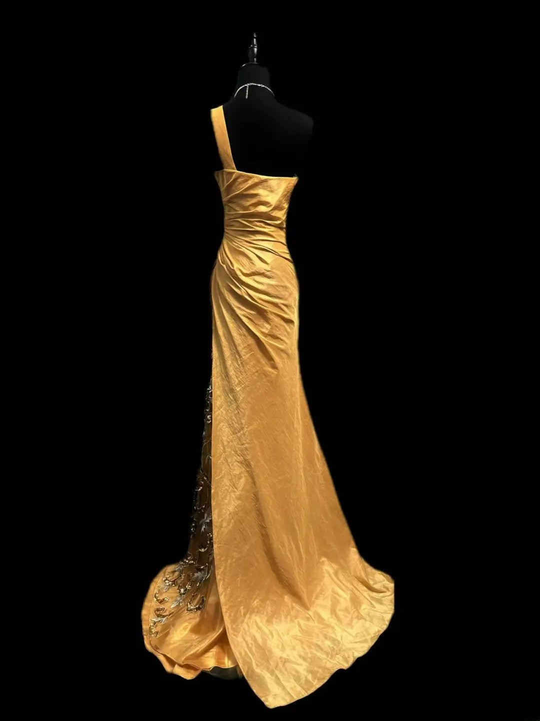 Vintage 80s Prom Dresses Mermaid One Shoulder Gold Taffeta With Beading Party Gown Formal Outfits RB6155