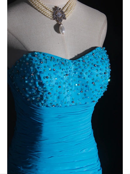 Retro 80s Sheath Sweetheart Blue Chiffon With Beads Layered Prom Dresses Inspo 22th Birthday Outfit Formal Gown AS319