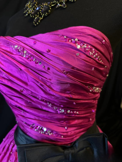 Modest Prom Dresses Ball Gown Strapless Hot Pink Satin With Ruffled Night Evening Formal Outfits RB6156