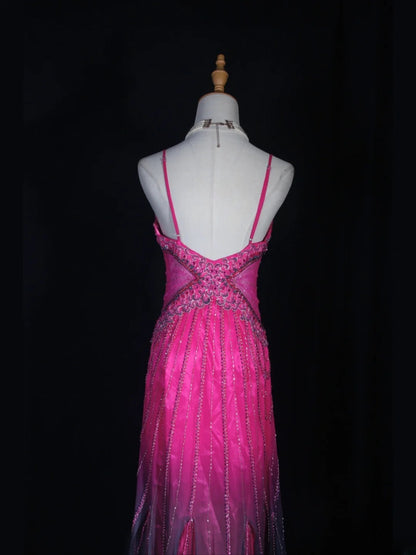 Vintage 2000s Mermaid Spaghetti Straps Hot Pink Tulle Beaded Bodice Plus Size Long Prom Dresses Impress 21th Birthday Outfits Prom Gown AS320