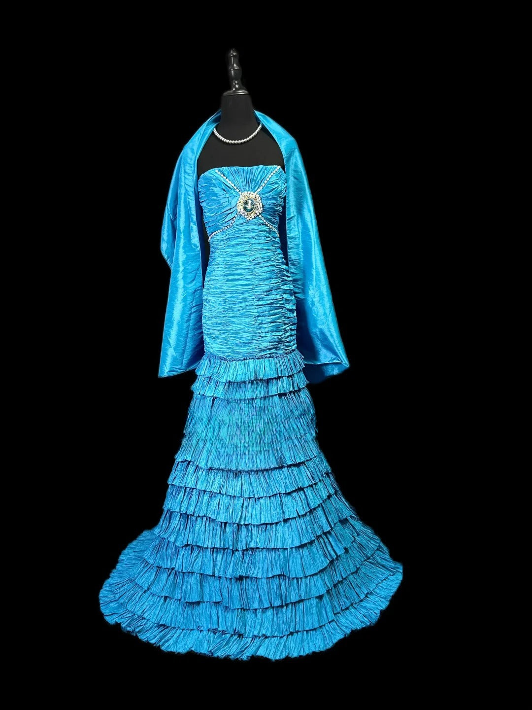 Vintage 80s Prom Dresses Mermaid Strapless Blue With Ruffled Party Gown Formal Outfits RB6159