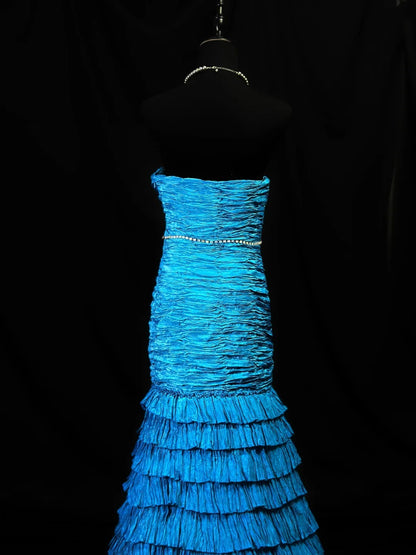 Vintage 80s Prom Dresses Mermaid Strapless Blue With Ruffled Party Gown Formal Outfits RB6159