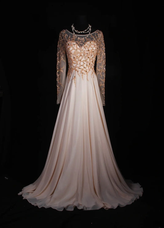 Retro 80s A line Scoop Neck Long Sleeves Blush Pink Chiffon With Beads Prom Dresses Inspo 22th Birthday Outfit Formal Gown AS323