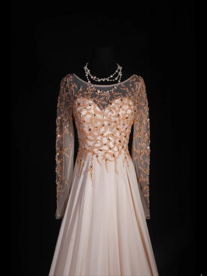 Retro-80er-Jahre-Abendkleid aus rosafarbenem Chiffon mit A-Linie, Rundhalsausschnitt, langen Ärmeln und Perlen – Inspiration für das Outfit zum 22. Geburtstag (AS323)