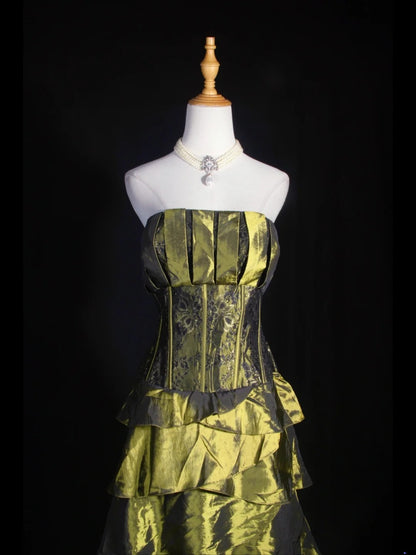 Vintage Ball Gown Strapless Olive Green Taffeta 1970s With Ruffled Beads Bodice Long Prom Dresses Inspo 18th Birthday Outfit Formal Gown AS324