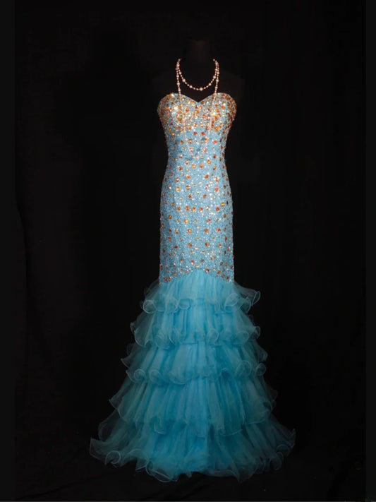 Robe de bal longue vintage sirène années 80, ornée de perles bleues et dorées, inspiration pour une tenue de 20e anniversaire, robe de soirée AS325