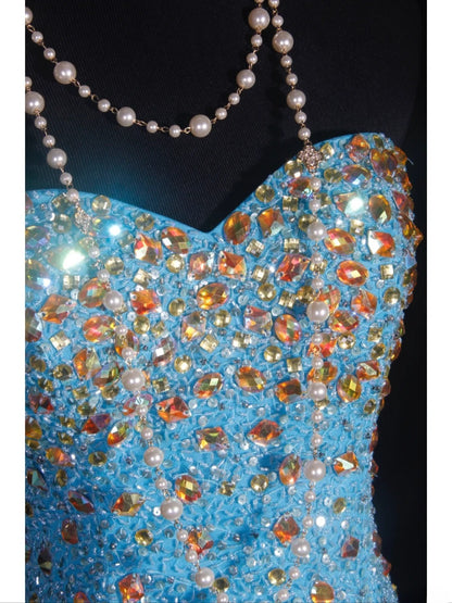 Vintage Meerjungfrauen-Abendkleid im 80er-Jahre-Stil mit blauen Perlen und goldenen Pailletten – Inspiration für das Outfit zum 20. Geburtstag – Abendkleid AS325