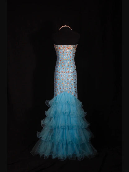 Vintage Meerjungfrauen-Abendkleid im 80er-Jahre-Stil mit blauen Perlen und goldenen Pailletten – Inspiration für das Outfit zum 20. Geburtstag – Abendkleid AS325