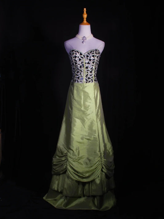 Retro 60s A line Sweetheart Olive Green Taffeta With Silver Gem Beads Prom Dresses Inspo 22th Birthday Outfit Formal Gown AS326