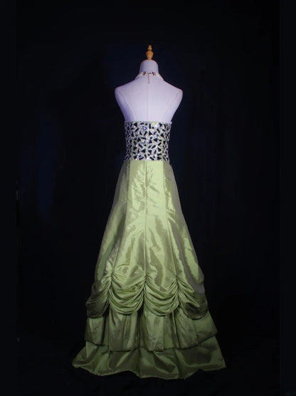 Retro-Abendkleid im 60er-Jahre-Stil: A-Linie, olivgrüner Taft mit silbernen Schmucksteinen, Inspiration für den 22. Geburtstag, formelles Abendkleid AS326