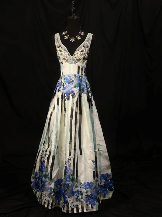 Vintage 80s Prom Dresses A Line V Neckline Floral Long Party Gown Formal Outfits RB6164