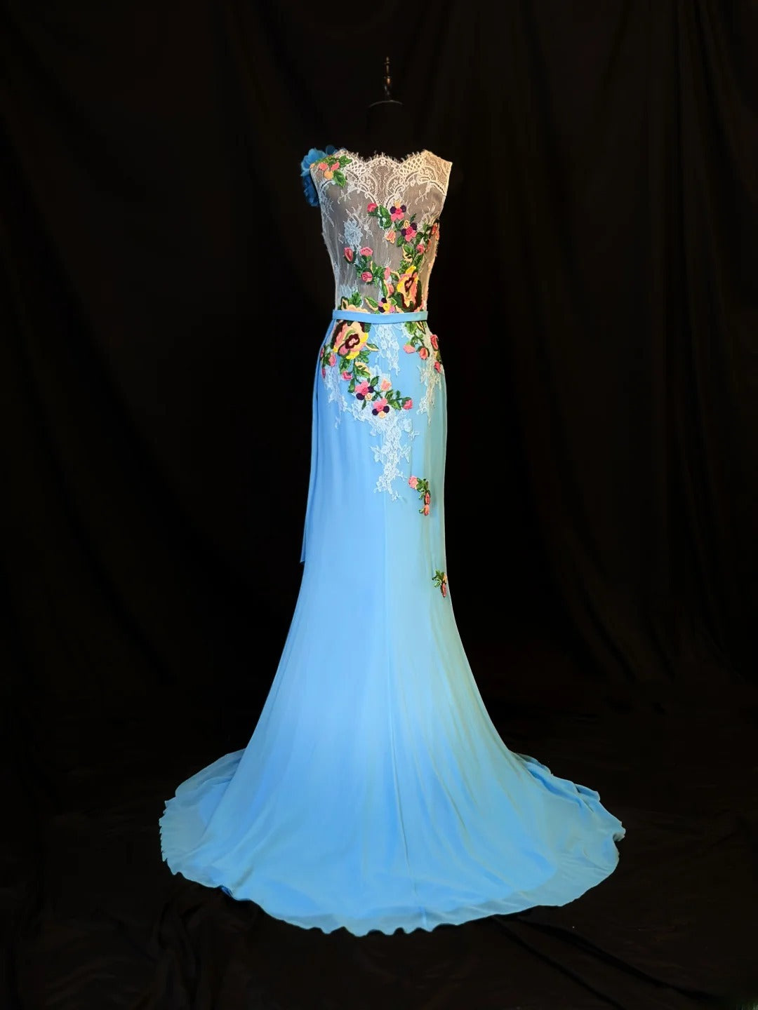 Charming Prom Dresses A Line Blue Chiffon Floral Long Party Gown Formal Outfits RB6165