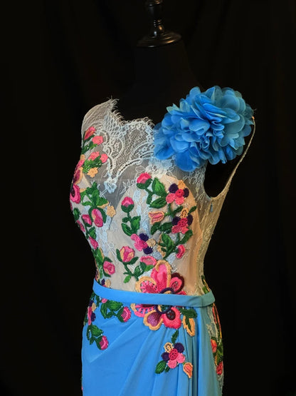 Charming Prom Dresses A Line Blue Chiffon Floral Long Party Gown Formal Outfits RB6165
