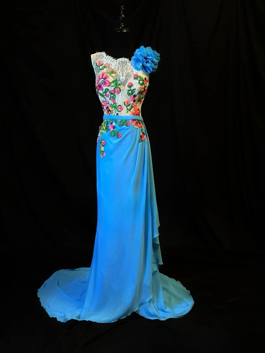 Charming Prom Dresses A Line Blue Chiffon Floral Long Party Gown Formal Outfits RB6165