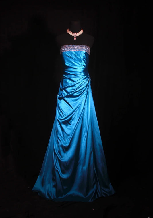 Vintage Ball Gown Strapless Blue Satin 1970s With Ruffled Beads Bodice Long Prom Dresses Inspo 16th Birthday Outfit Formal Gown AS329