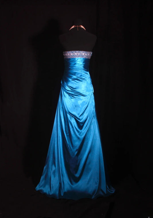 Vintage Ball Gown Strapless Blue Satin 1970s With Ruffled Beads Bodice Long Prom Dresses Inspo 16th Birthday Outfit Formal Gown AS329