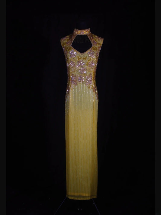 Retro 60s Sheath High Neck Yellow Chiffon With Gem Beads Prom Dresses Inspo 22th Birthday Outfit Formal Gown AS330