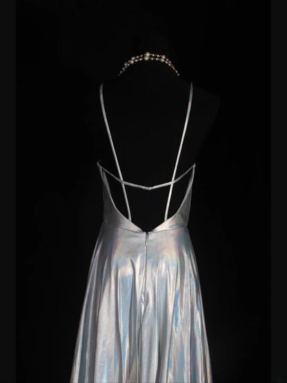 Vintage 2000s A Line Spaghetti Straps Silver Gray Backless Plus Size With Slit Long Prom Dresses Impress 21th Birthday Outfits Prom Gown AS332